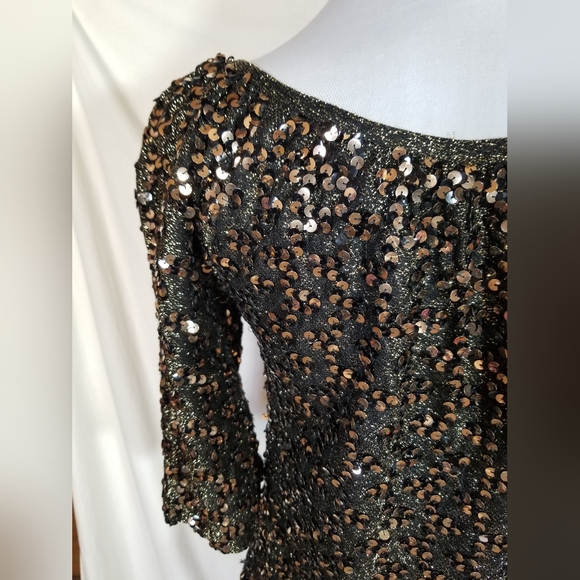 Imagnin Black Gold Sequin Covered Top Metallic Thread Short Half Sleeve Vintage - Picture 14 of 14